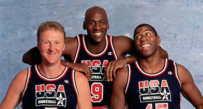 Larry Bird, Michael Jordan and Magic Johnson in a photo shootout for 92 Olympics, 1992
