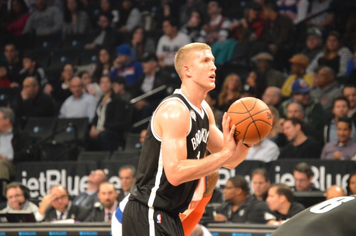 Brooklyn Nets Mason Plumlee shoots free throws in Battle of The Boroughs November 7th, 2014 | Photo Ayanna P.