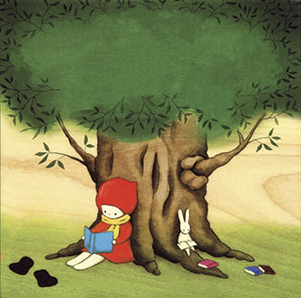 Illustration from Red Knit Cap Girl and the Reading Tree. Naoko Stoop, author | Photo via Brooklyn Museum